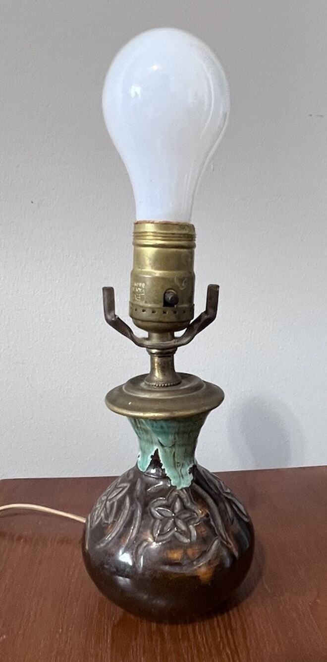 Van Briggle Art Pottery Lamp Brown Turquoise Drip Glaze Floral Signed Stamp